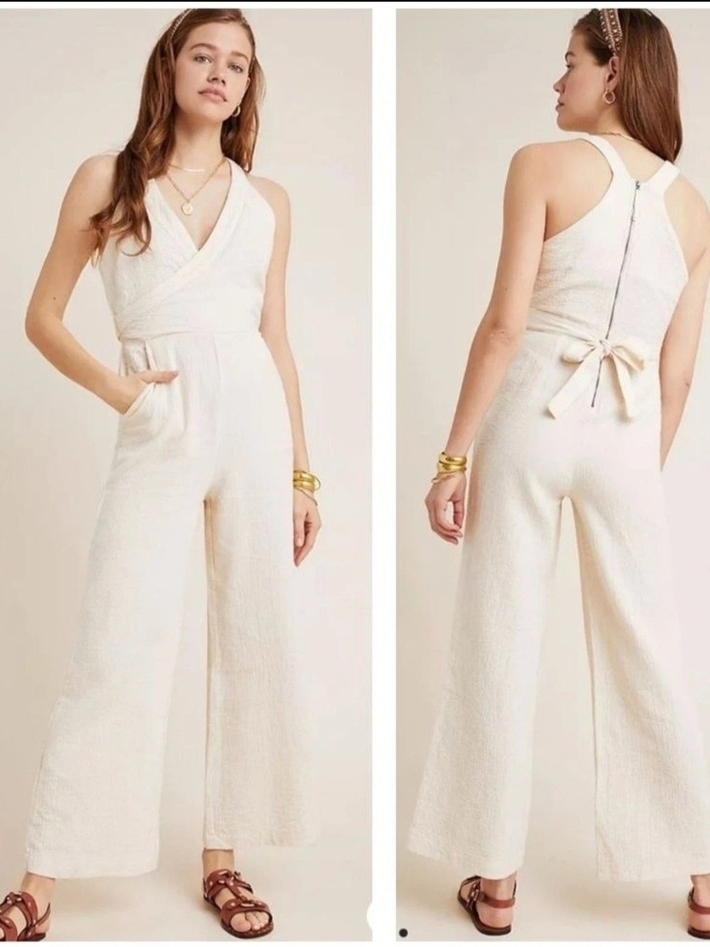 Anthropologie Demi Textured Jumpsuit Ivory Cream Wide Leg Tie Back Size 2